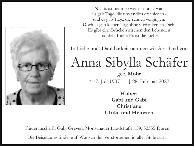  Traueranzeige für Anna Sibylla Schäfer vom 13.03.2022 aus Zeitung am Sonntag