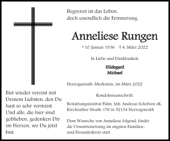 Traueranzeige von Anneliese Rungen von Zeitung am Sonntag