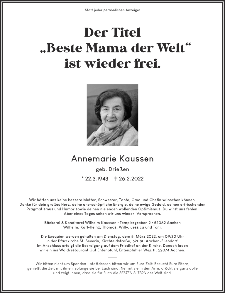  Traueranzeige für Annemarie Kaussen vom 05.03.2022 aus Aachener Zeitung / Aachener Nachrichten