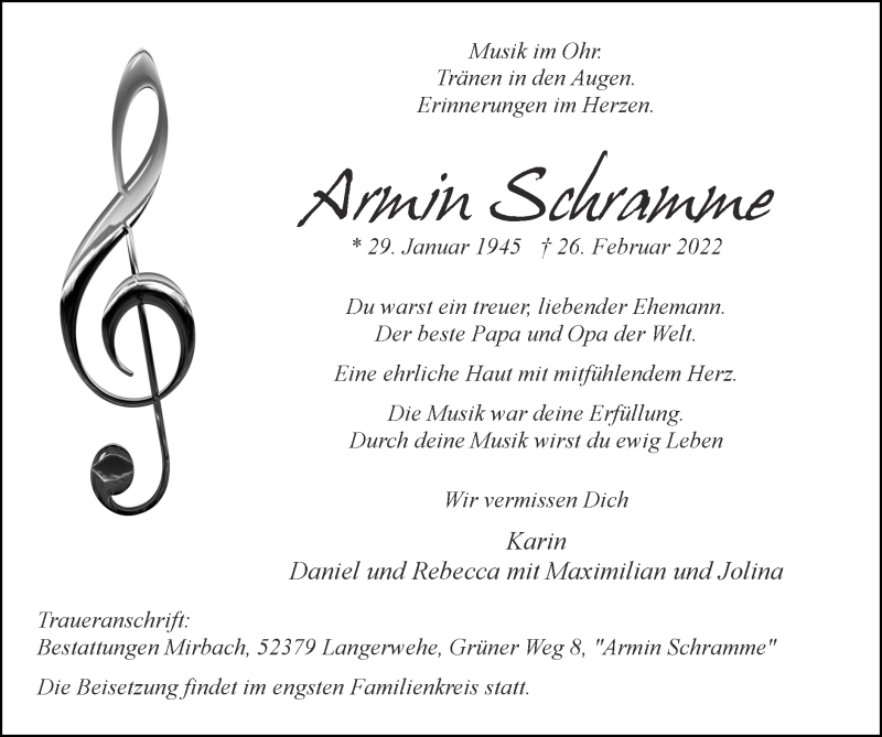  Traueranzeige für Armin Schramme vom 13.03.2022 aus Zeitung am Sonntag