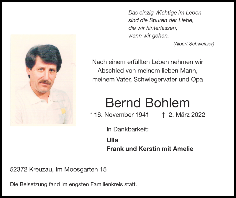  Traueranzeige für Bernd Bohlem vom 13.03.2022 aus Zeitung am Sonntag