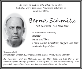Traueranzeige von Bernd Schmitz von Zeitung am Sonntag