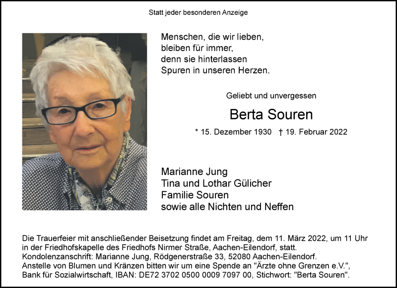  Traueranzeige für Berta Souren vom 05.03.2022 aus Aachener Zeitung / Aachener Nachrichten