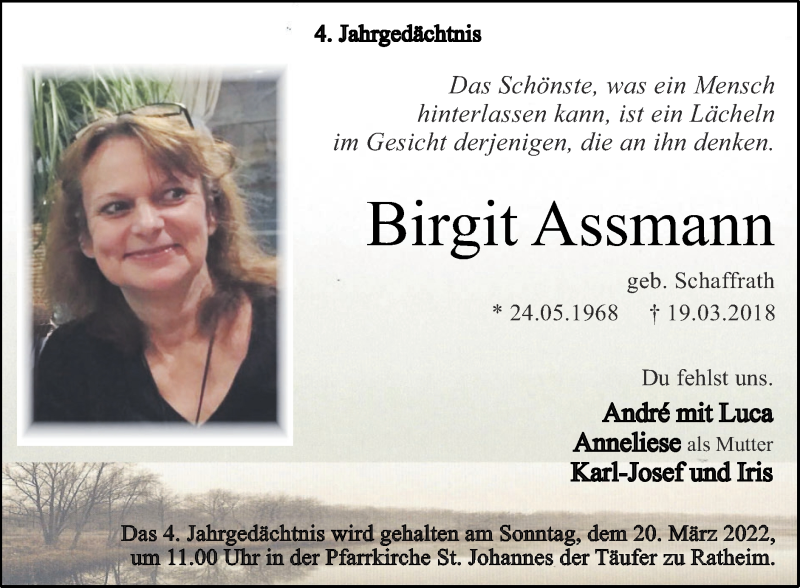  Traueranzeige für Birgit Assmann vom 13.03.2022 aus Zeitung am Sonntag
