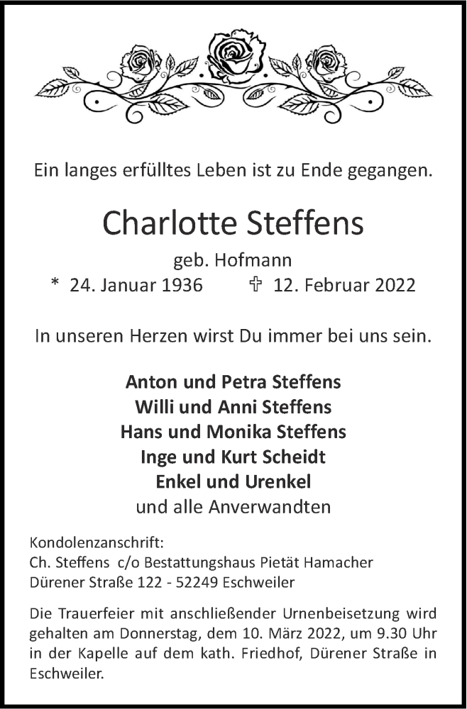  Traueranzeige für Charlotte Steffens vom 06.03.2022 aus Zeitung am Sonntag