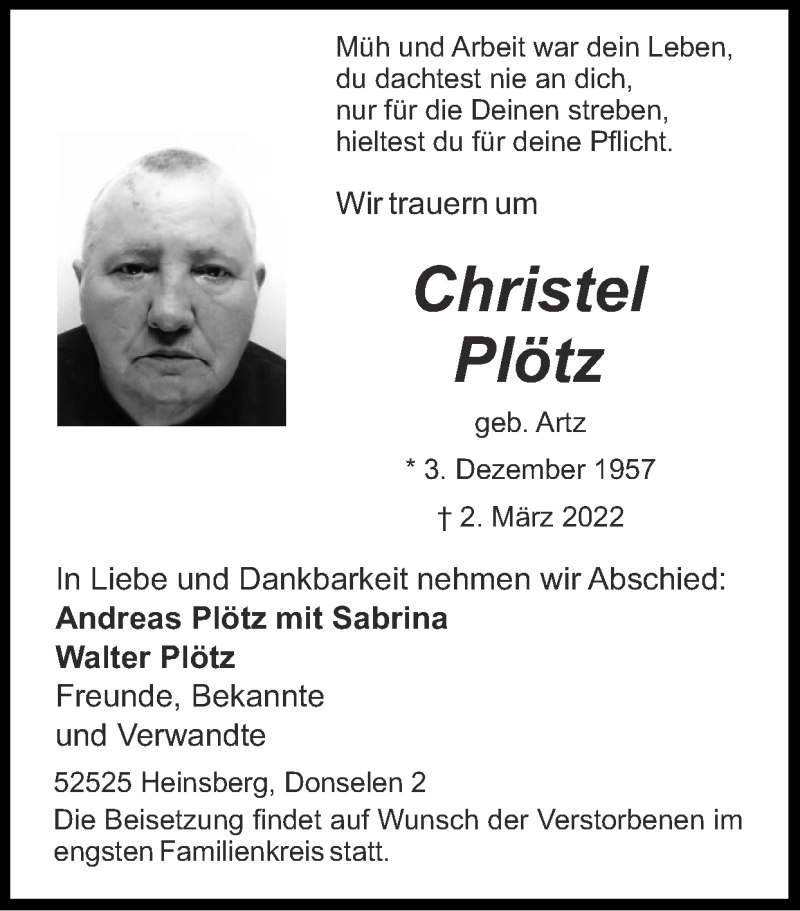  Traueranzeige für Christel Plötz vom 06.03.2022 aus Zeitung am Sonntag