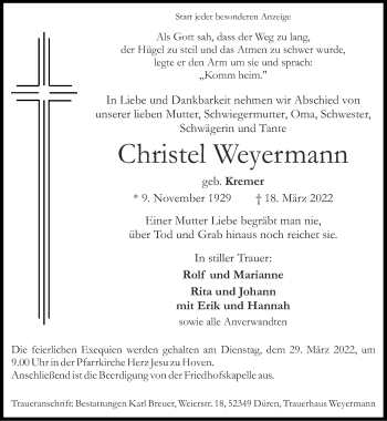 Traueranzeige von Christel Weyermann von Zeitung am Sonntag