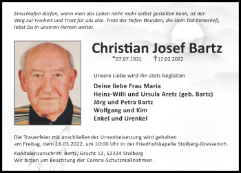 Traueranzeige von Christian Josef Bartz von Zeitung am Sonntag