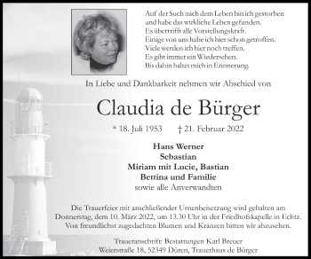Traueranzeige von Claudia de Bürger von Zeitung am Sonntag