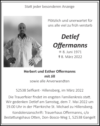 Traueranzeige von Detlef Offermanns von Zeitung am Sonntag