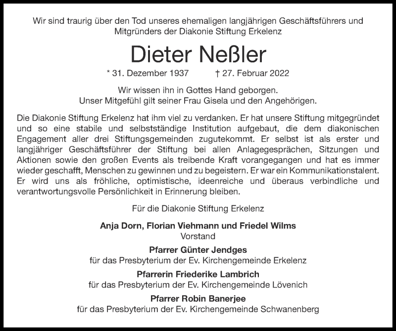  Traueranzeige für Dieter Neßler vom 13.03.2022 aus Zeitung am Sonntag