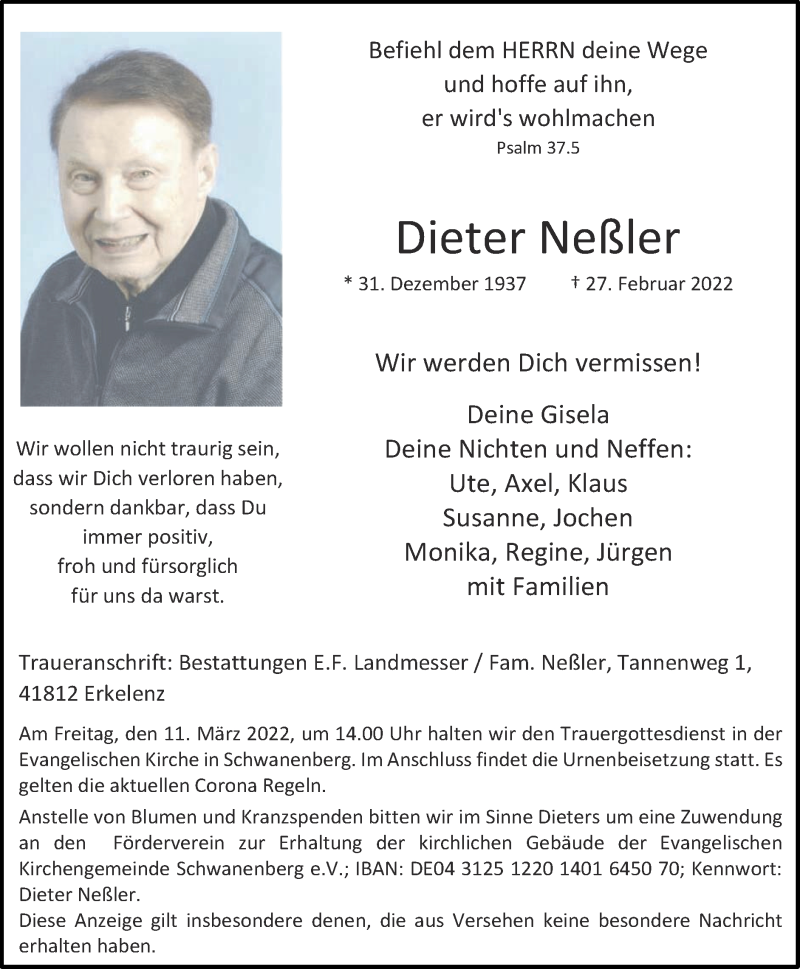  Traueranzeige für Dieter Neßler vom 06.03.2022 aus Zeitung am Sonntag