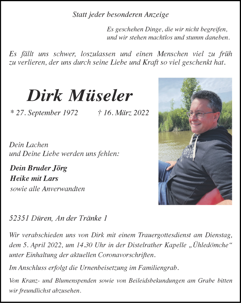  Traueranzeige für Dirk Müseler vom 27.03.2022 aus Zeitung am Sonntag
