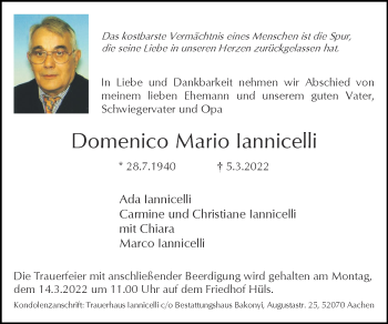 Traueranzeige von Domenico Mario Iannicelli von Zeitung am Sonntag
