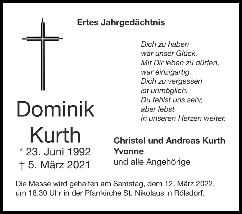 Traueranzeige für Dominik Kurth vom 06.03.2022 aus Zeitung am Sonntag