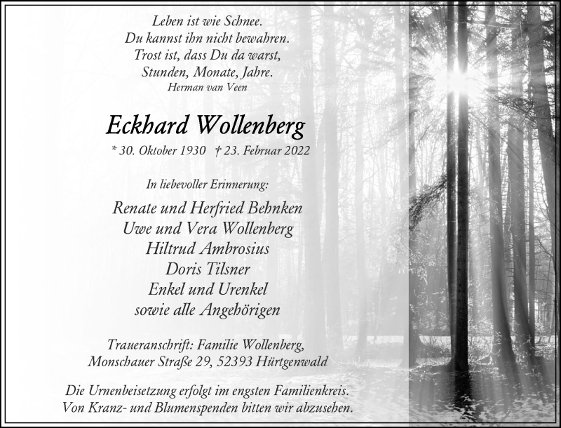  Traueranzeige für Eckhard Wollenberg vom 19.03.2022 aus Aachener Zeitung / Aachener Nachrichten
