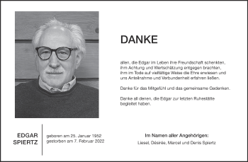 Traueranzeige von Edgar Spiertz von Zeitung am Sonntag