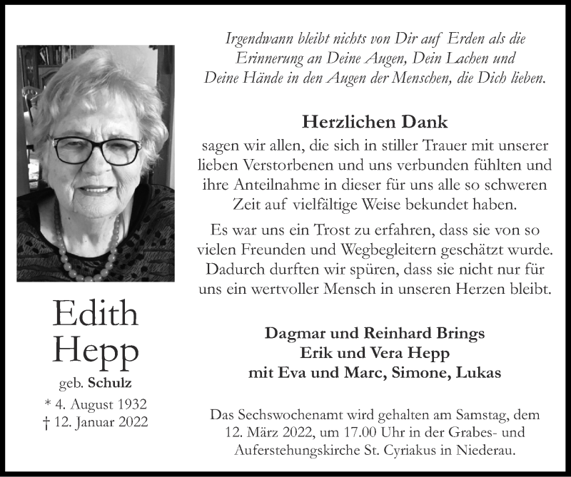  Traueranzeige für Edith Hepp vom 06.03.2022 aus Zeitung am Sonntag