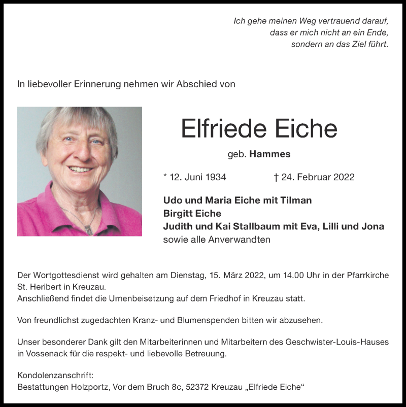  Traueranzeige für Elfriede Eiche vom 06.03.2022 aus Zeitung am Sonntag