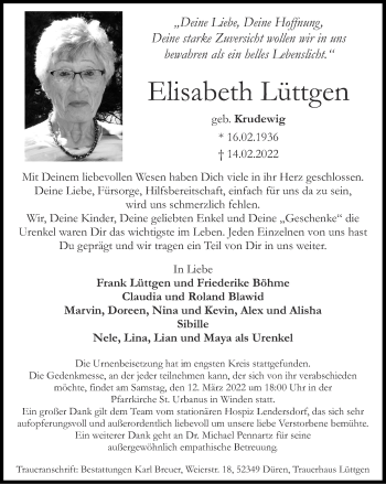 Traueranzeige von Elisabeth Lüttgen von Zeitung am Sonntag