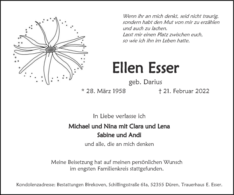  Traueranzeige für Ellen Esser vom 06.03.2022 aus Zeitung am Sonntag