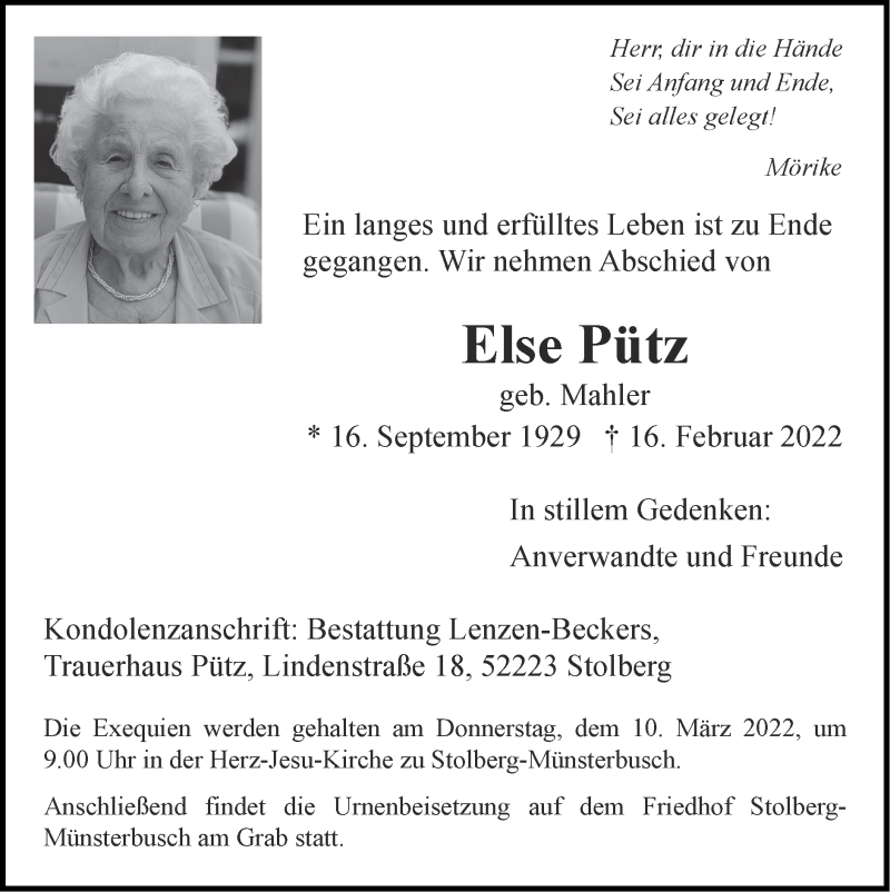  Traueranzeige für Else Pütz vom 06.03.2022 aus Zeitung am Sonntag