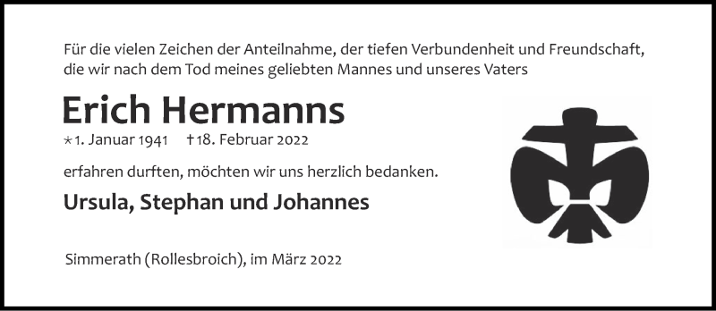  Traueranzeige für Erich Hermanns vom 30.03.2022 aus Aachener Zeitung / Aachener Nachrichten