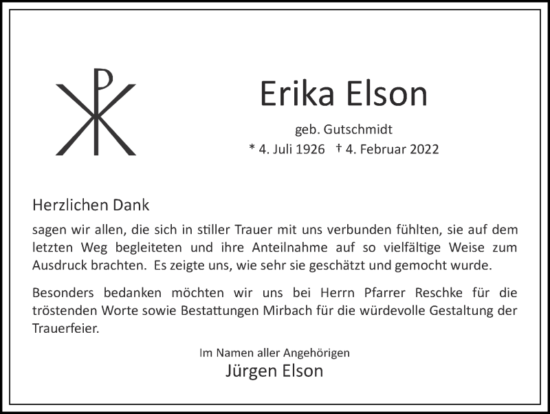  Traueranzeige für Erika Elson vom 13.03.2022 aus Zeitung am Sonntag