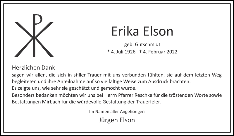  Traueranzeige für Erika Elson vom 12.03.2022 aus Aachener Zeitung / Aachener Nachrichten