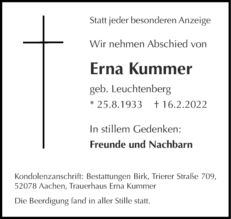  Traueranzeige für Erna Kummer vom 06.03.2022 aus Zeitung am Sonntag