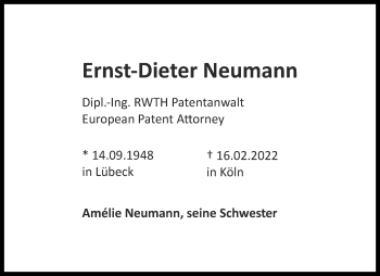 Traueranzeige von Ernst-Dieter Neumann von Aachener Zeitung / Aachener Nachrichten