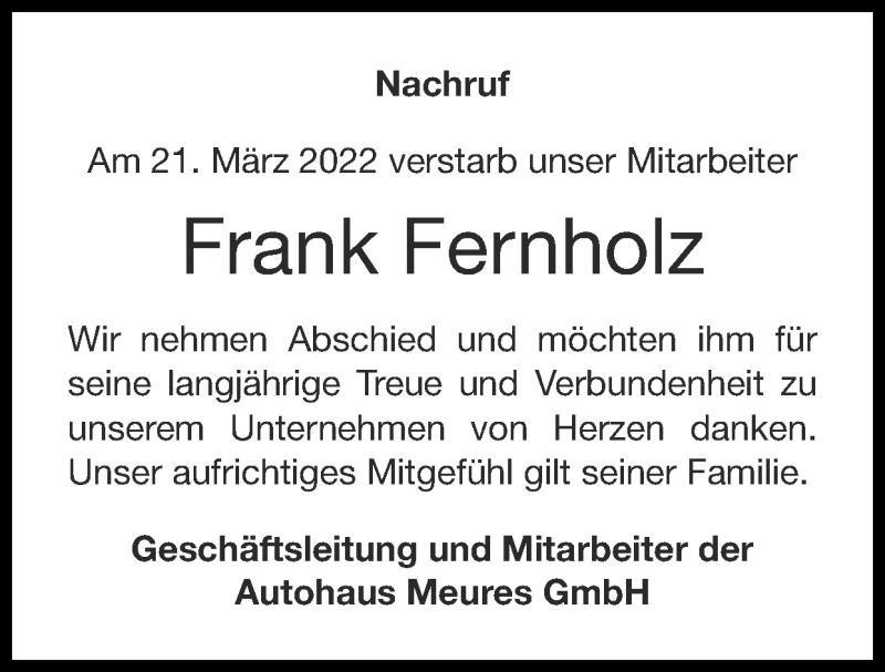  Traueranzeige für Frank Fernholz vom 27.03.2022 aus Zeitung am Sonntag