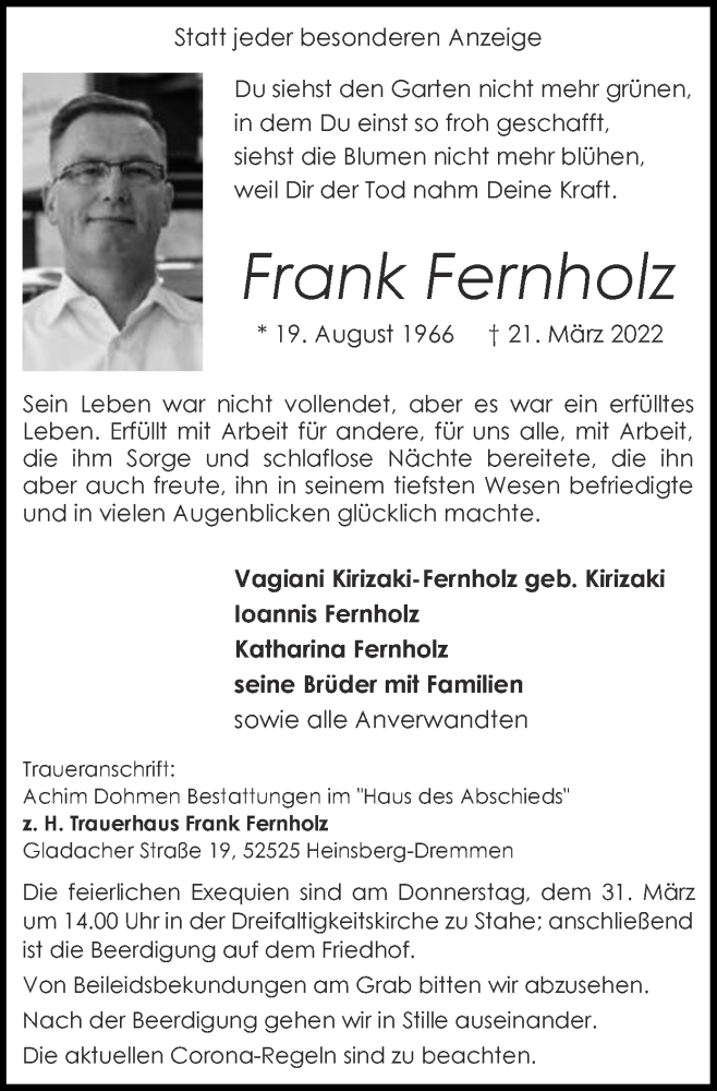 Traueranzeige für Frank Fernholz vom 27.03.2022 aus Zeitung am Sonntag