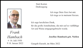 Traueranzeige von Frank Hambach von Zeitung am Sonntag