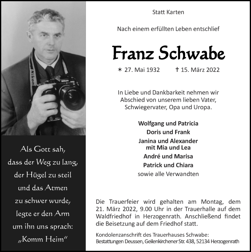  Traueranzeige für Franz Schwabe vom 20.03.2022 aus Zeitung am Sonntag