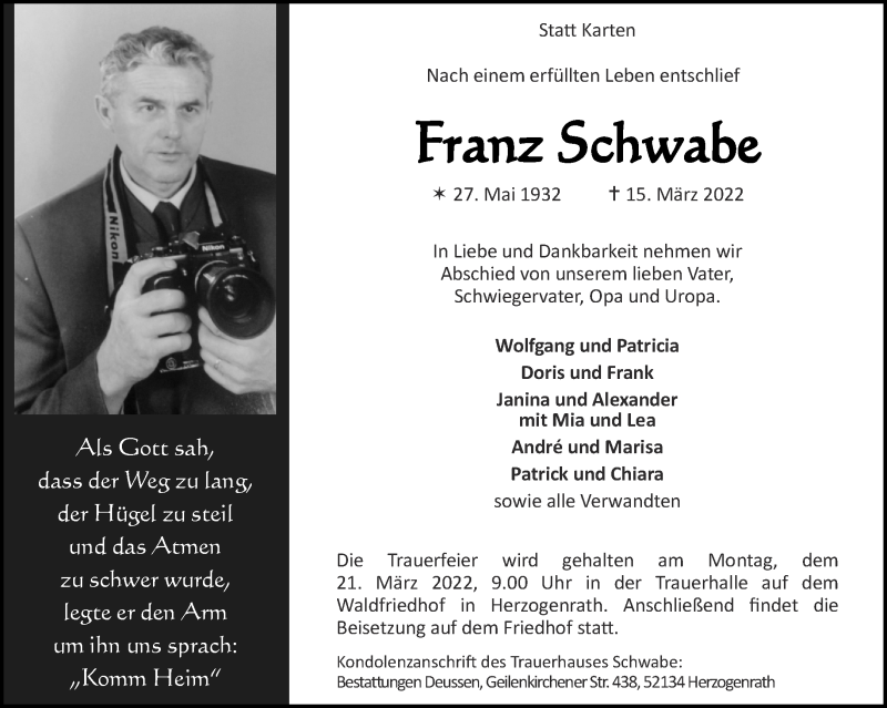  Traueranzeige für Franz Schwabe vom 19.03.2022 aus Aachener Zeitung / Aachener Nachrichten