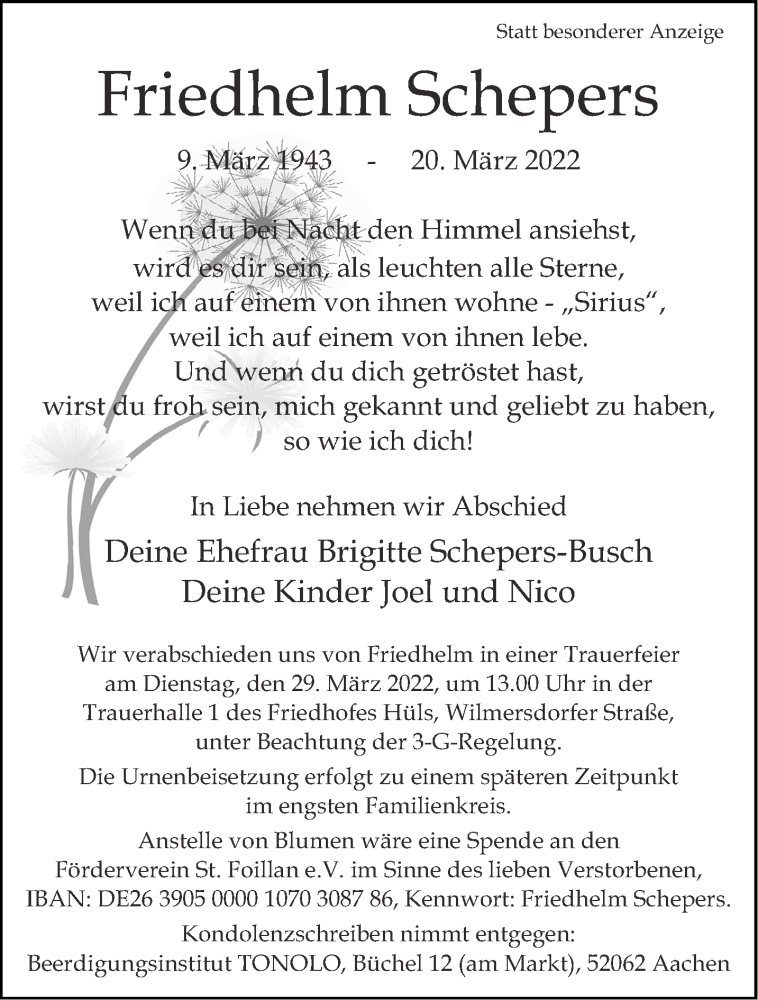  Traueranzeige für Friedhelm Schepers vom 26.03.2022 aus Aachener Zeitung / Aachener Nachrichten