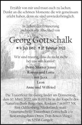 Traueranzeige von Georg Gottschalk von Zeitung am Sonntag