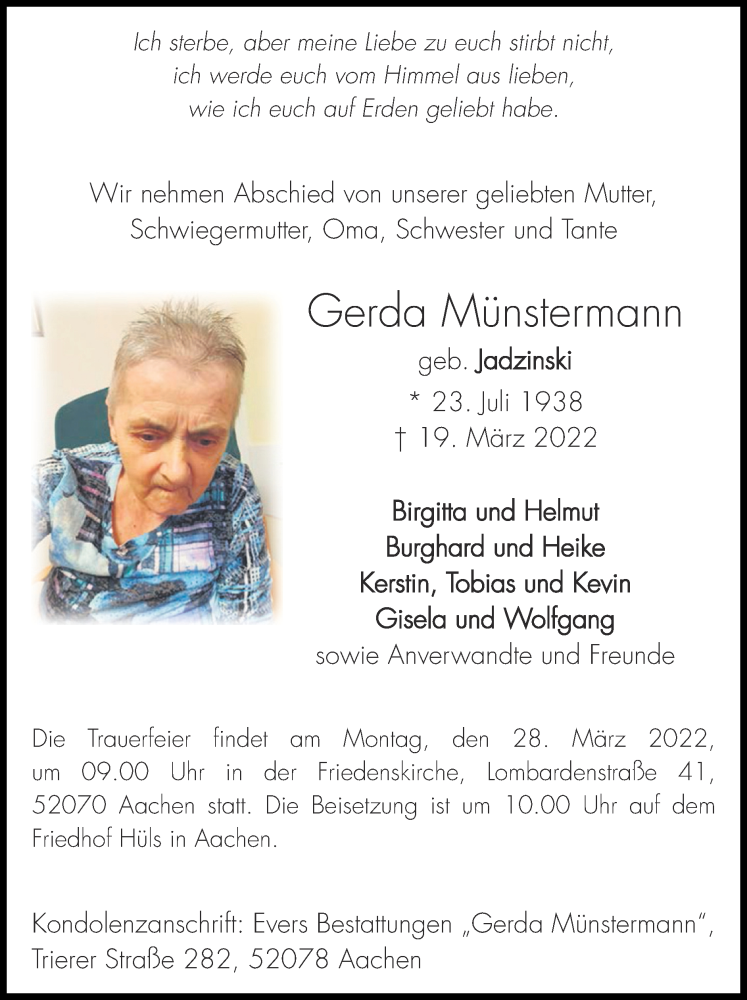  Traueranzeige für Gerda Münstermann vom 27.03.2022 aus Zeitung am Sonntag