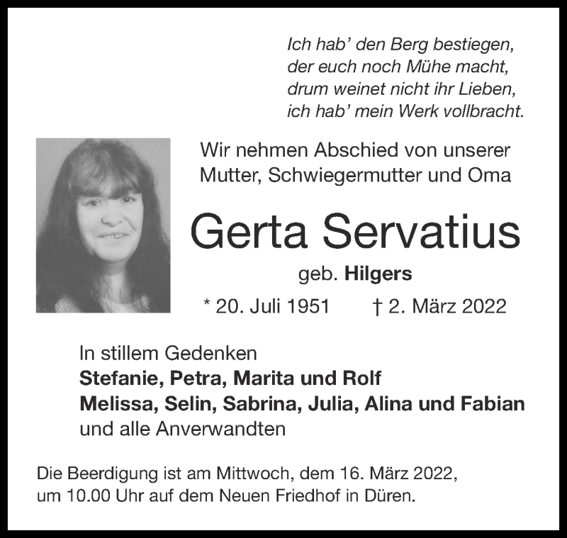  Traueranzeige für Gerta Servatius vom 13.03.2022 aus Zeitung am Sonntag