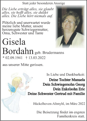 Traueranzeige von Gisela Bordahn von Zeitung am Sonntag