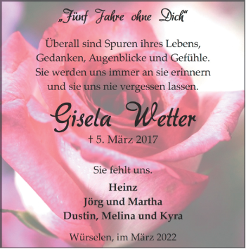 Traueranzeige von Gisela Wetter von Zeitung am Sonntag