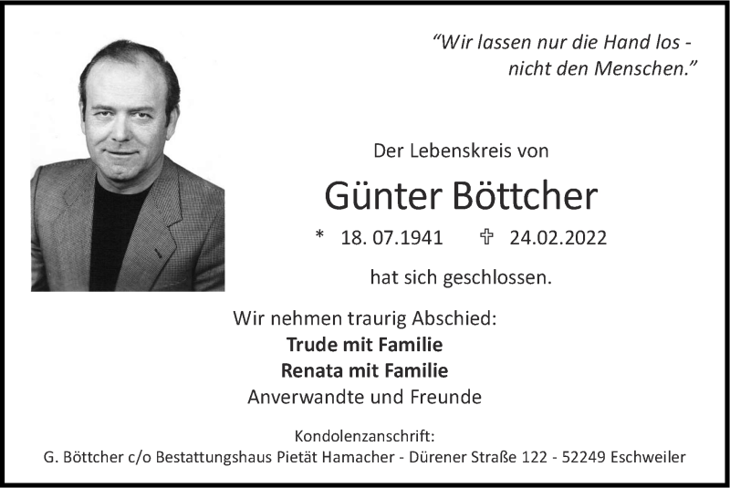  Traueranzeige für Günter Böttcher vom 27.03.2022 aus Zeitung am Sonntag