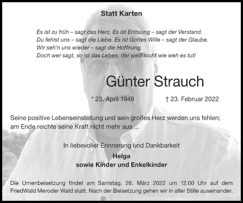  Traueranzeige für Günter Strauch vom 13.03.2022 aus Zeitung am Sonntag