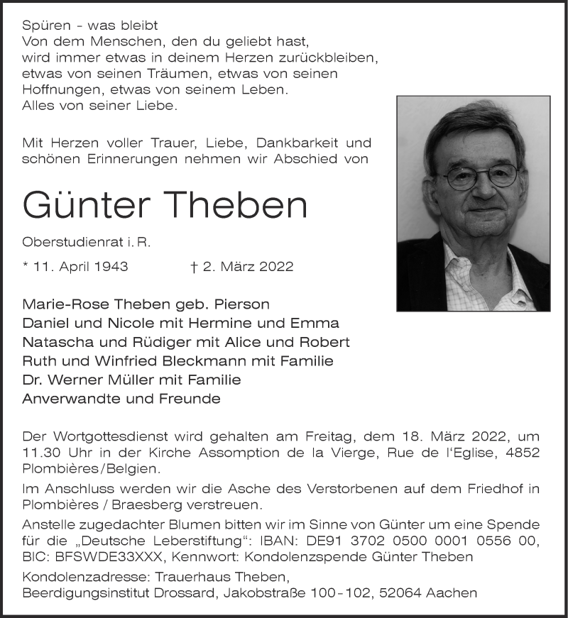  Traueranzeige für Günter Theben vom 12.03.2022 aus Aachener Zeitung / Aachener Nachrichten