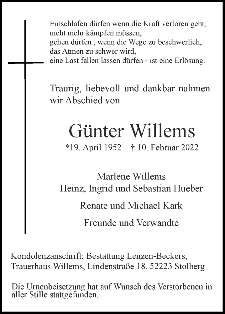  Traueranzeige für Günter Willems vom 06.03.2022 aus Zeitung am Sonntag