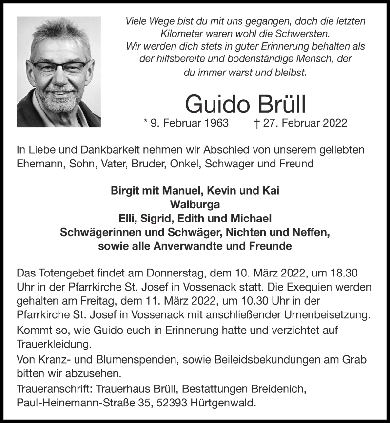  Traueranzeige für Guido Brüll vom 06.03.2022 aus Zeitung am Sonntag