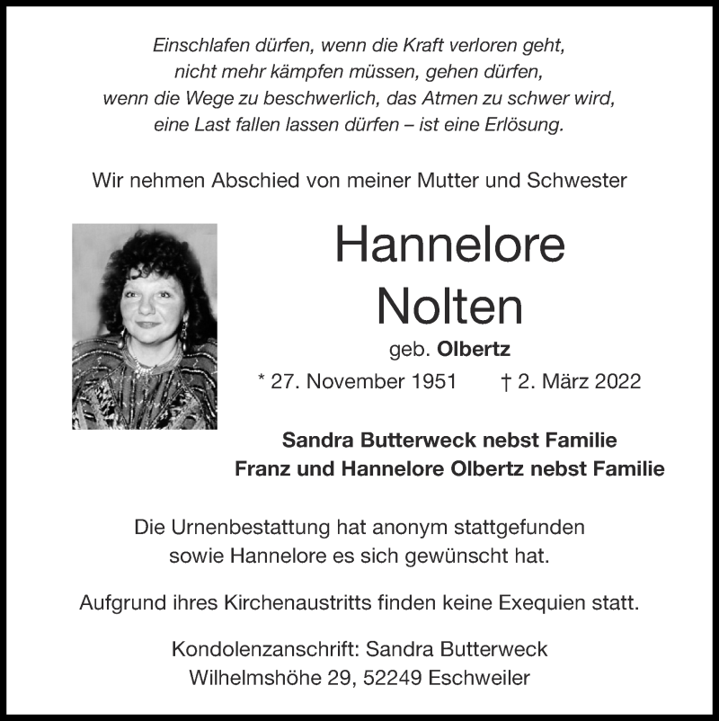  Traueranzeige für Hannelore Nolten vom 20.03.2022 aus Zeitung am Sonntag