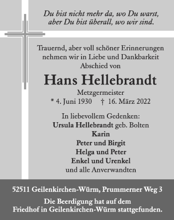 Traueranzeige von Hans Hellebrandt von Zeitung am Sonntag