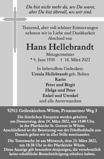 Traueranzeige von Hans Hellebrandt von Zeitung am Sonntag